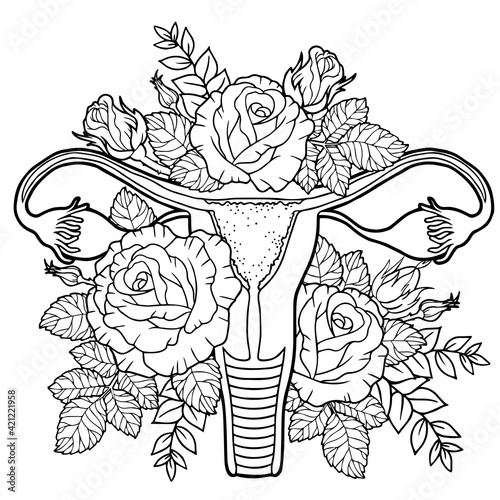 Healthy Beauty Female Reproductive System Made of Blossom Flowers. Vector coloring for adult
