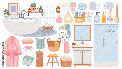 Bathroom elements. Cleansing products for skin and hair care. Sink, shower, bathrobe and towels, sponge and soap. Bath furniture vector set