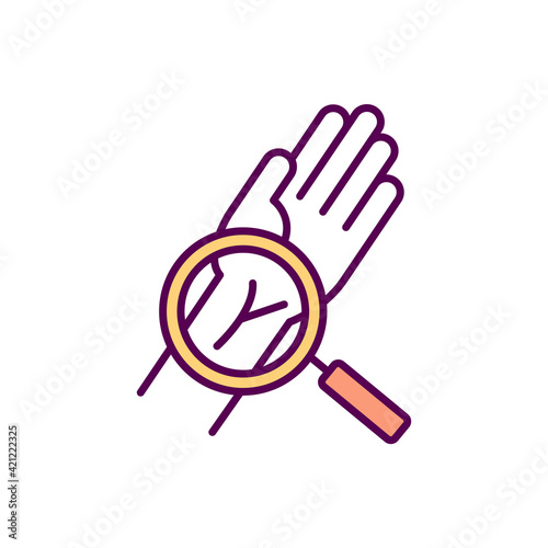 Wrist injuries RGB color icon. Carpal tunnel syndrome. Sprains, strains, fractures. Swelling and aching in wrist. Sprained ligaments. Bones and joints inflammation. Isolated vector illustration