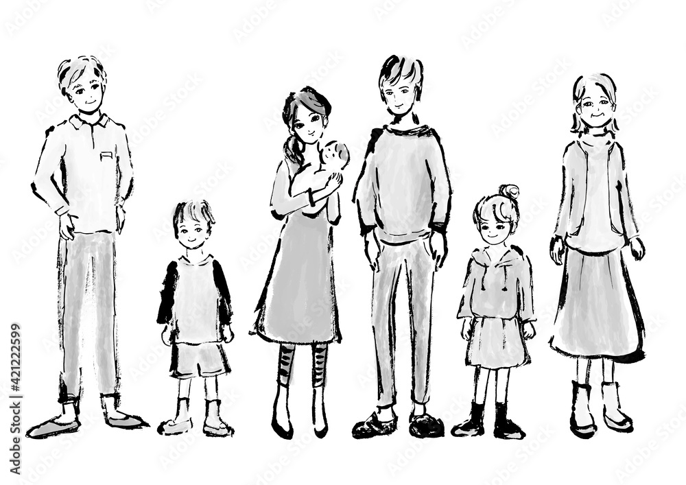 四人家族の全身の手描きイラスト素材 四人家族の全身の手描きイラスト素材