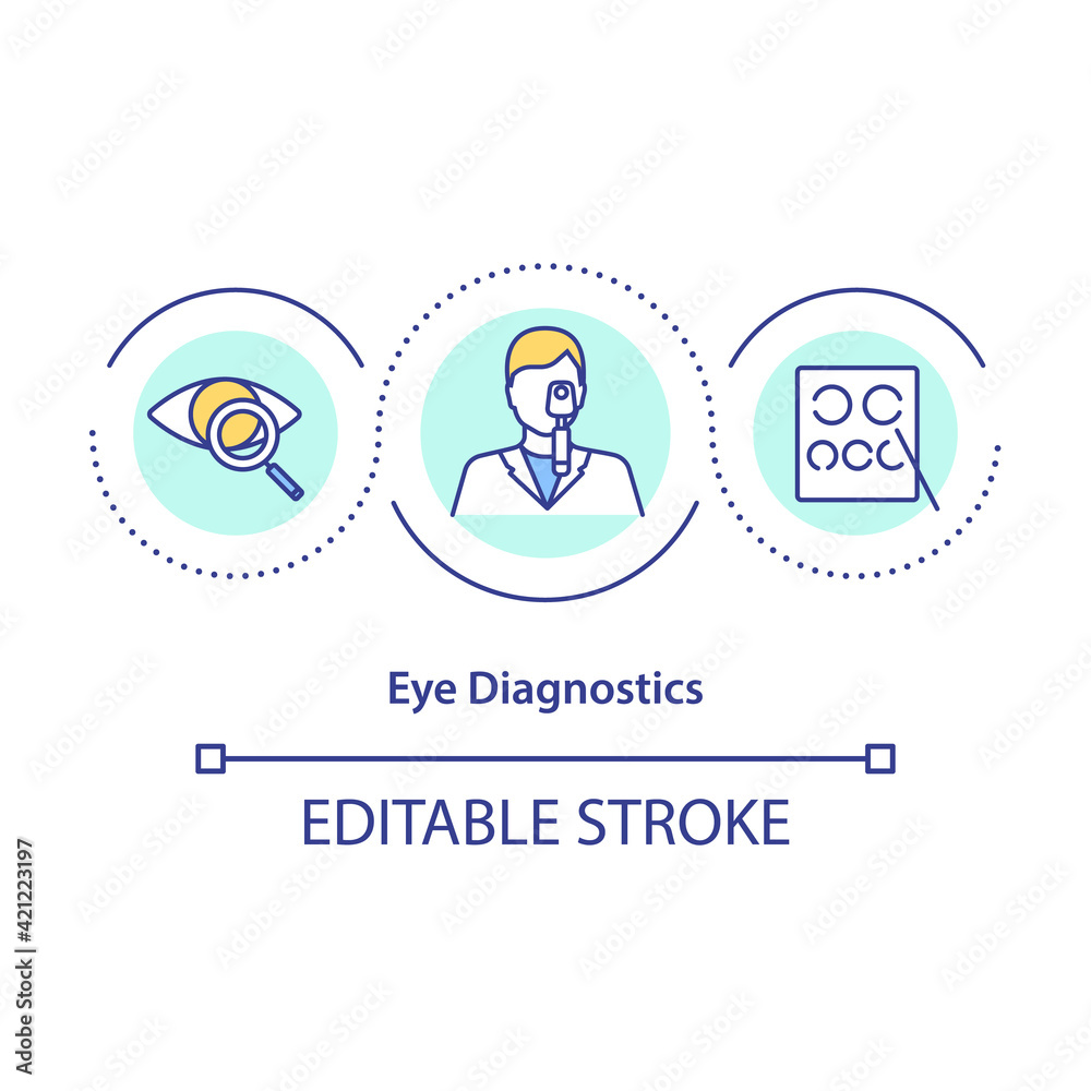 Eye diagnostics concept icon. Assess vision and ability to focus idea thin line illustration. Tests and examinations. Optometrist. Vector isolated outline RGB color drawing. Editable stroke Eye diagnostics concept icon. Assess vision and ability to focus idea thin line illustration. Tests and examinations. Optometrist. Vector isolated outline RGB color drawing. Editable stroke