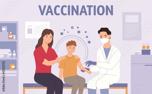 Children vaccination. Pediatrician doctor make injection for immunization. Mother and kid in hospital. Virus or flu vaccine vector concept
