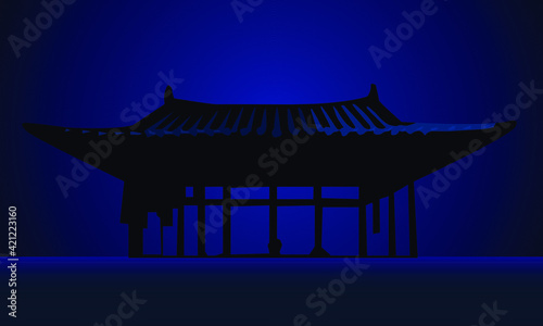 architectural structure in the form of a pagoda in the night dark blue lighting
