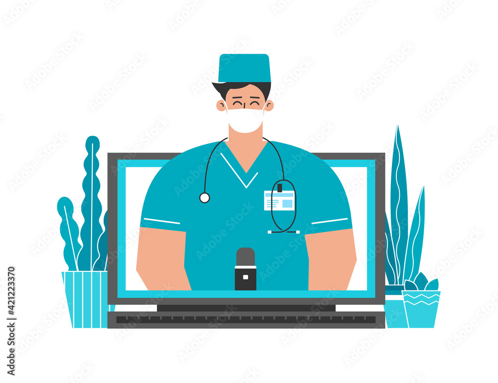 Vector isolated flat concept about healthcare. Online consultation by doctor via video call on computer. Caucasian man dressed in medical uniform, face mask. Distant medical service by physician