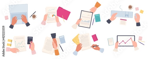 Working businessman hands. Man type on laptop top view. Employees make statistic report, sign document and handshake. Office work vector set