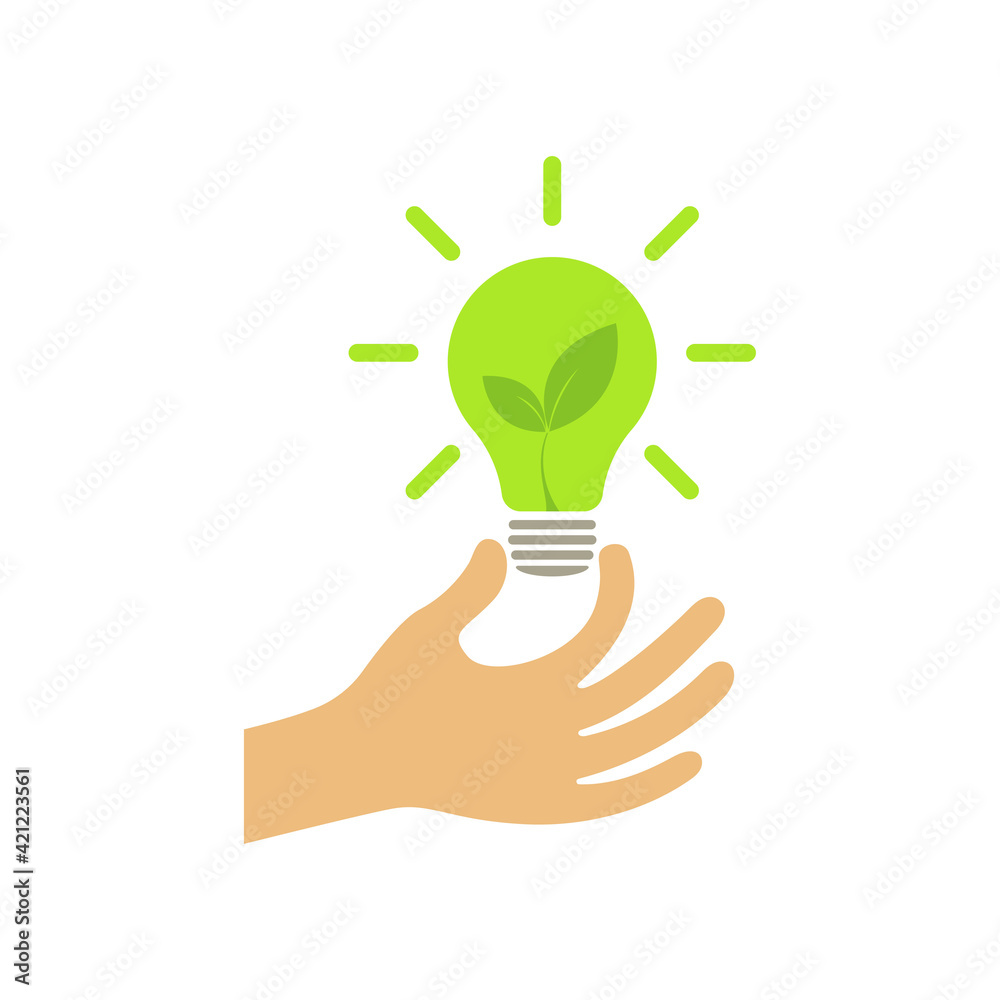 Hand holds a light bulb. Environmental lighting concept with leaf logo. Illustration Hand holds a light bulb. Environmental lighting concept with leaf logo. Illustration