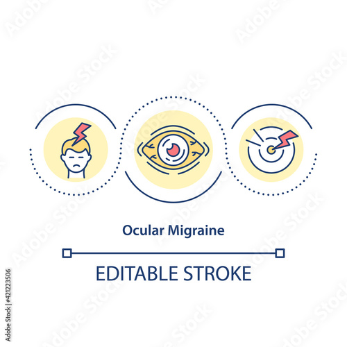 Ocular migraine concept icon. Vision loss and blindness in one eye idea thin line illustration. Symptoms and examination. Vector isolated outline RGB color drawing. Editable stroke