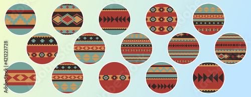 Set of round design elements. Boho ethnic geometric patterns. 15 story highlight covers, icons, labels, stickers. For shops, bloggers, social media.