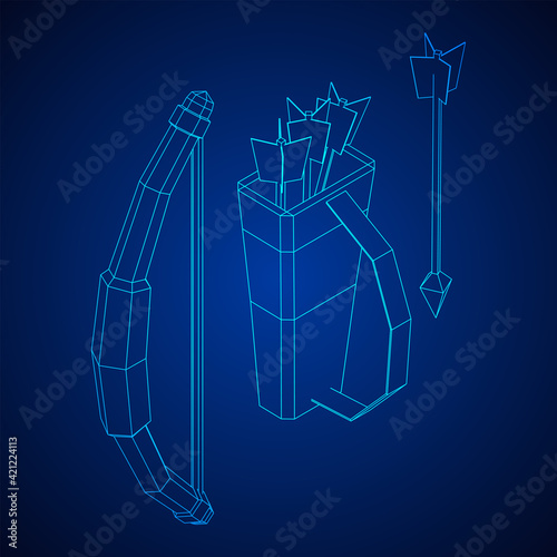 Medieval Bow and arrow archer weapon. Wireframe low poly mesh