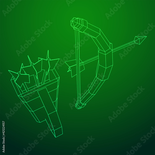 Medieval Bow and arrow archer weapon. Wireframe low poly mesh