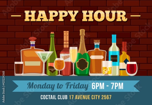 Bar happy hour poster. Alcoholic drinks offer for pub. Bottles and glasses with booze, beer and cocktails. Free alcohol flyer vector concept