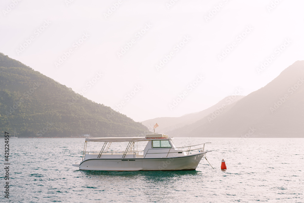 White motor boat with sun awning and cockpit in the middle of the Bay of Kotor.