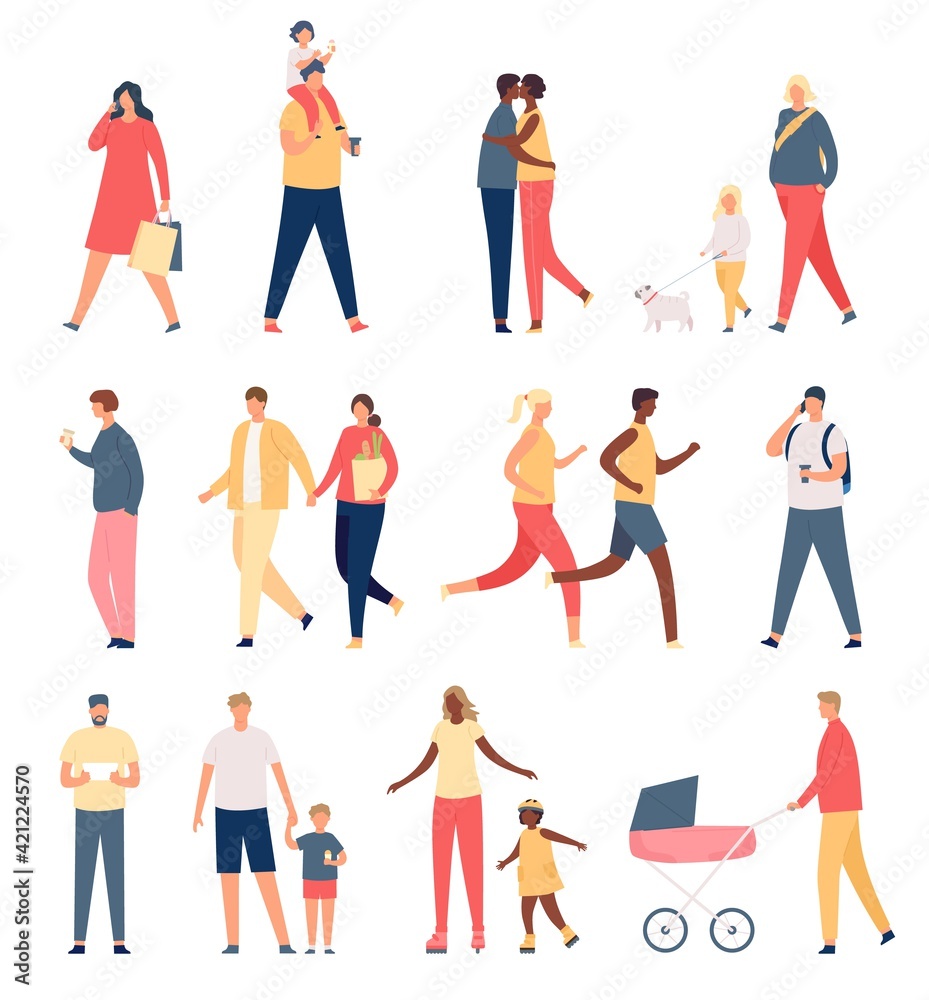 Walking adults and kids. Flat parents, children, happy family and couples. Father with stroller, mother and girl walks dog. Crowd vector set