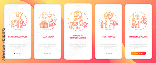 Tips of how to motivate people onboarding mobile app page screen with concepts. Telling motivation story walkthrough 5 steps graphic instructions. UI vector template with RGB color illustrations