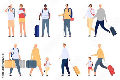 People travel. Tourists couple, families and kids with suitcase, bag, map and camera. Airport passenger with luggage on vacation vector set