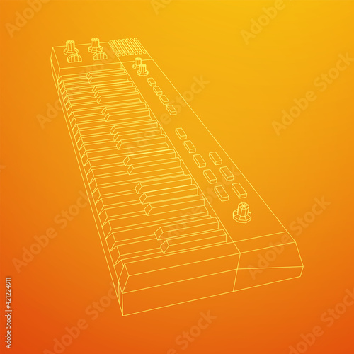 Piano roll analog synthesizer faders buttons knobs. Wireframe low poly mesh