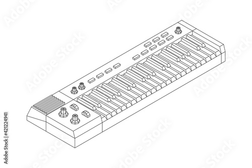 Piano roll analog synthesizer faders buttons knobs. Wireframe low poly mesh