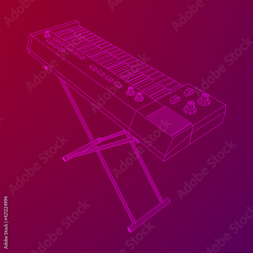 Piano roll analog synthesizer faders buttons knobs. Wireframe low poly mesh