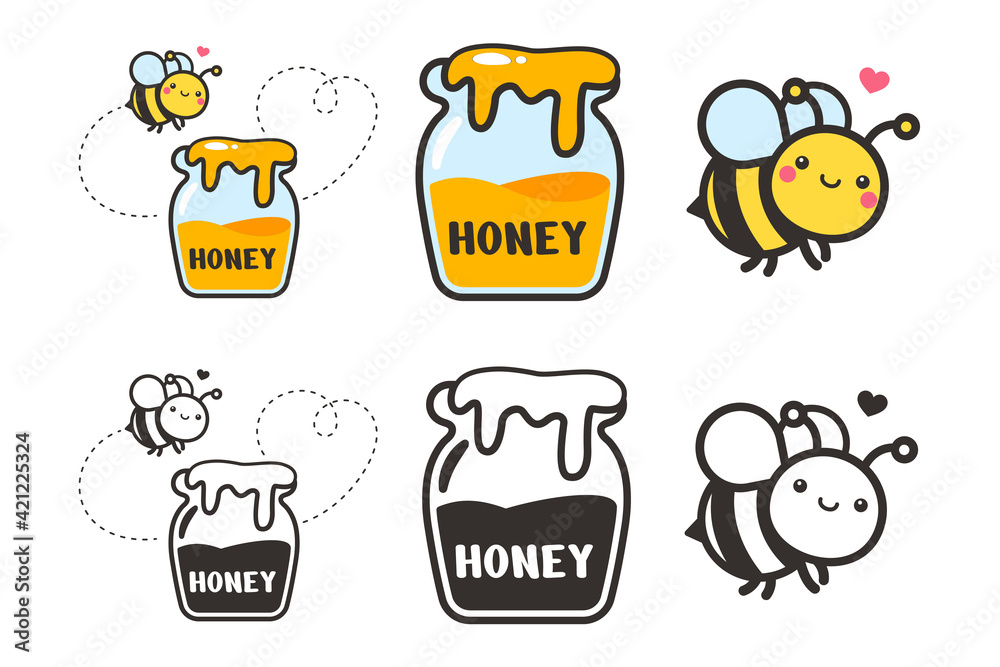Cute bee cartoon character vector Hexagon honeycomb and flower isolated on white background. Cute bee cartoon character vector Hexagon honeycomb and flower isolated on white background.