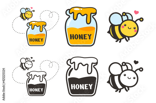 Cute bee cartoon character vector Hexagon honeycomb and flower isolated on white background.