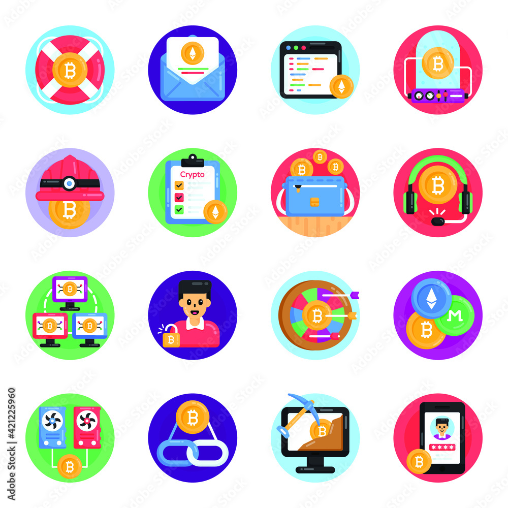 Set of Bitcoin and Blockchain Flat Icons
Set of Bitcoin and Blockchain Flat Icons