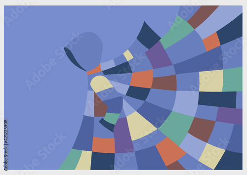 illustration of a woman wearing a patchwork coat