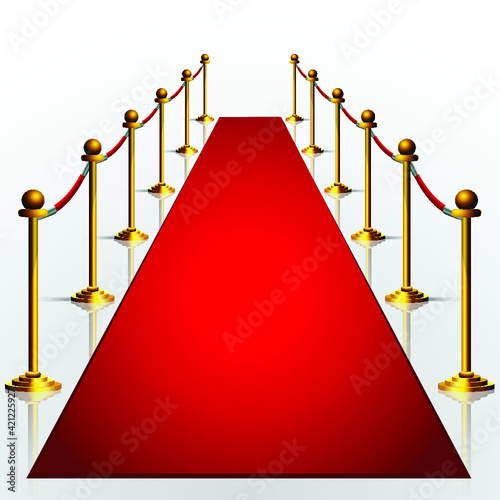 Red carpet with gold stanchions 3d illustration isolated over white background