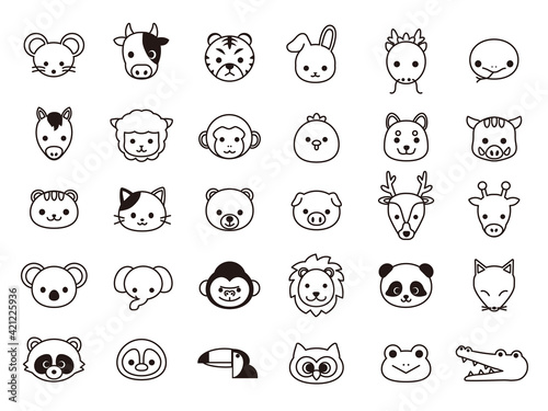 動物　顔　線画　塗り絵　アイコン　セット　イラスト素材