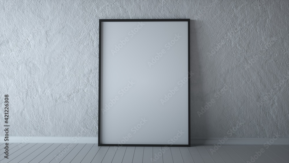 White poster on floor with blank frame mockup for you design. Layout mockup. 3d rendering White poster on floor with blank frame mockup for you design. Layout mockup. 3d rendering