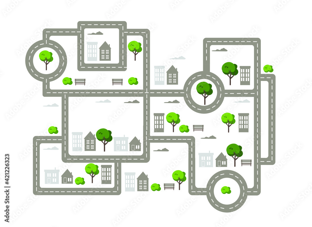 Baby City map with roads, trees and houses. Flat vector illustration.