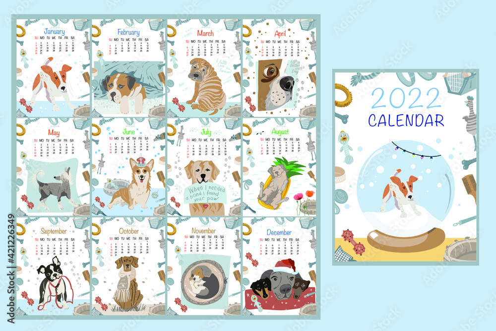 Calendar in English on 2022 with cute hand drawn dogs, domestic pet. Vector illustration. Calendar in English on 2022 with cute hand drawn dogs, domestic pet. Vector illustration.