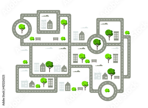 Obraz na płótnie Baby City map with roads, trees and houses. Flat vector illustration. w salonie
