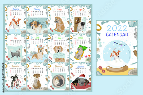 Calendar in English on 2022 with cute hand drawn dogs, domestic pet. Vector illustration. 