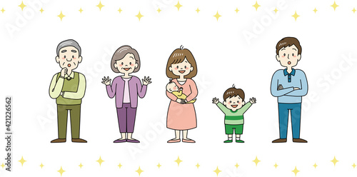 目を輝かせる三世代家族（キラキラ）	