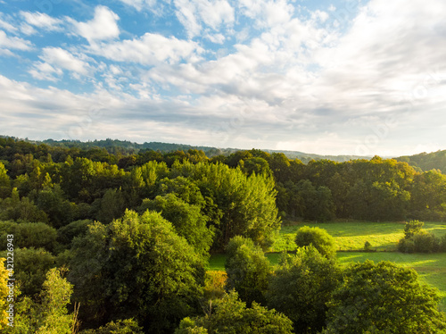 Beautiful aerial forest scene in summer. Green trees and fields on summer day. City park scenery in Vilnius, Lithuania.