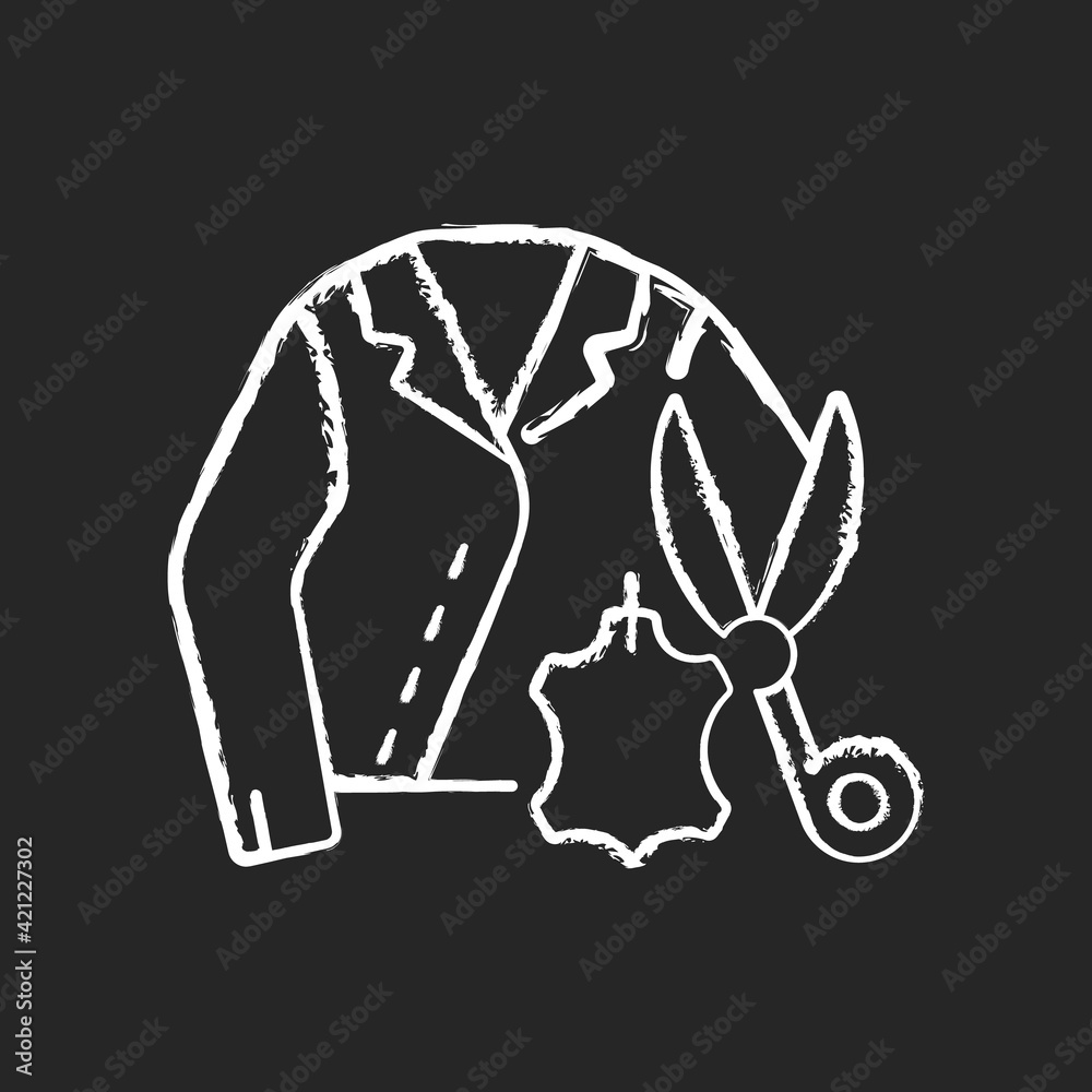 Leather and suede repair chalk white icon on black background. Damaged apparel. Tailor salon. Garment restoration. Clothing alteration and repair services. Isolated vector chalkboard illustration