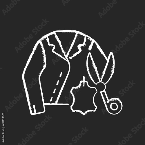Leather and suede repair chalk white icon on black background. Damaged apparel. Tailor salon. Garment restoration. Clothing alteration and repair services. Isolated vector chalkboard illustration