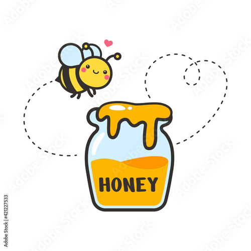 Cute bee cartoon character vector Hexagon honeycomb and flower isolated on white background.