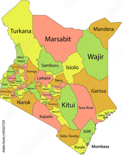 Pastel vector map of the Republic of Kenya with black borders and names of its counties