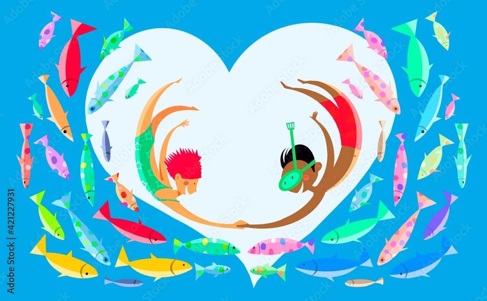 Obraz premium Summer background with two kids and many multicolored fish