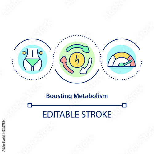 Boosting metabolism concept icon. Nutrition and exercise. Healthy eating. Intermittent fasting benefit idea thin line illustration. Vector isolated outline RGB color drawing. Editable stroke