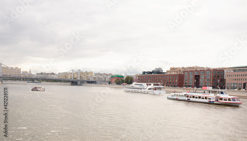  Passenger vessels with tourists on board float on the Moscow-river