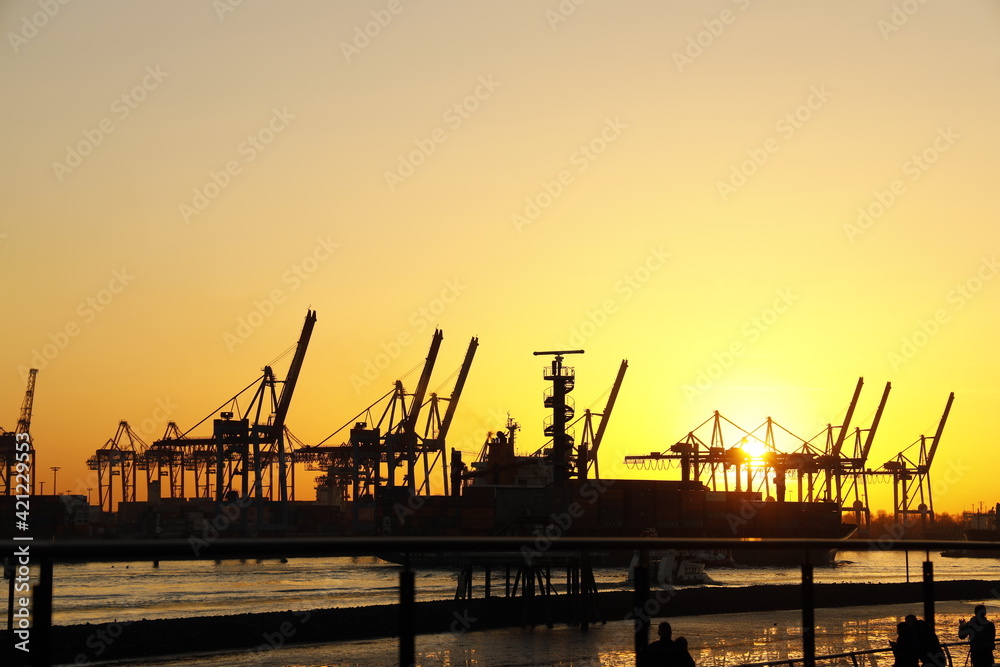 hafen, baukran, abendrot, abliefern, meer, branche, cargo, hafen, gewerblich, baukran, bootssteg, schifffahrt, wasser, himmel, silhouette, sonne, container, beförderung, business, transport, nacht, fr