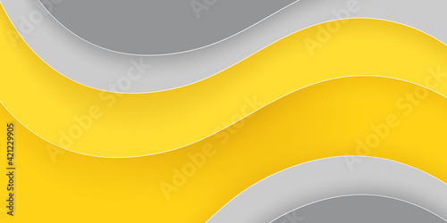 Yellow and gray 3D background in paper style. Abstract layered banner. Backdrop with different wavy shapes. Vector illustration. Elegant holiday banner. Modern design poster, flyer, wallpaper.