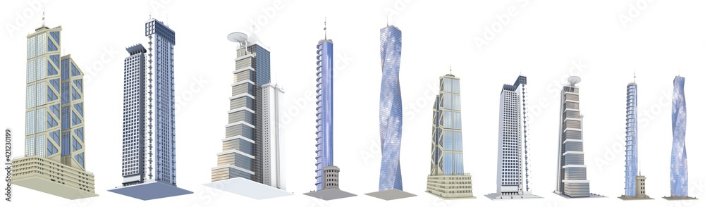 10 different sides view very detailed renders of fictional design financial buildings with cloudy sky reflections - isolated, 3d illustration of skyscrapers 10 different sides view very detailed renders of fictional design financial buildings with cloudy sky reflections - isolated, 3d illustration of skyscrapers