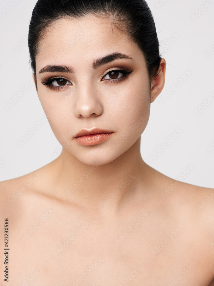 pretty woman bright makeup attractive look naked shoulders pretty woman bright makeup attractive look naked shoulders