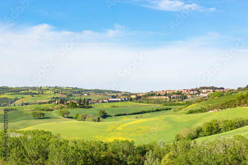 Village on a hill in a rural Italian landscape