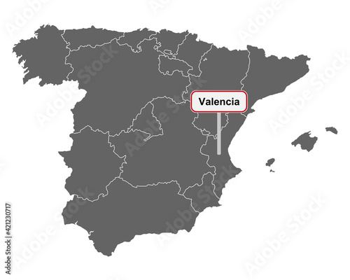 Landkarte von Spanien mit Ortsschild Valencia © lantapix