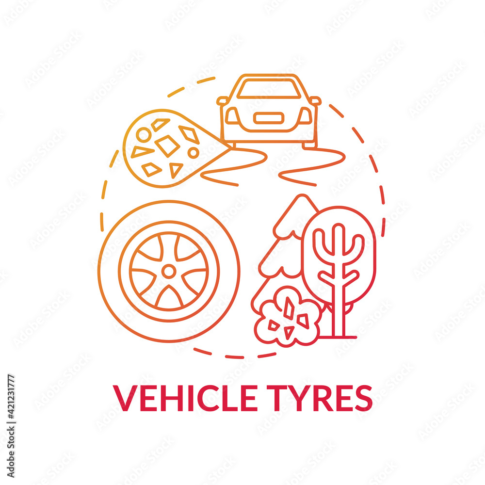 Fototapeta premium Vehicle tyres concept icon. Microplastics sources idea thin line illustration. Microplastics sources. Gum harmful impact. Vector isolated outline RGB color drawing