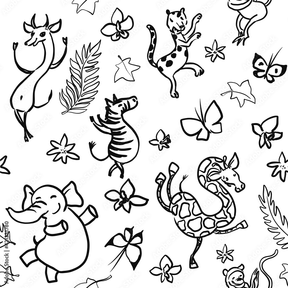 Fototapeta premium Dancing jungle animals - zebra, giraffe, elephant, cheetah. Hand drawn line art with safari party and african wildlife